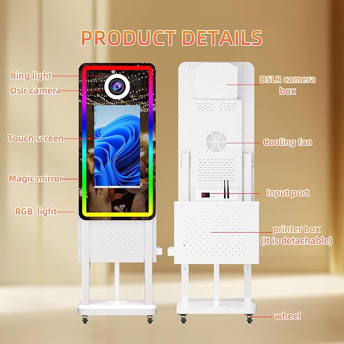 VANYA Mirror Photo Booth Machine with 21.5"Touch Screen Selfie Magic Mirror Photo Booth Portable with detachable Printer Box for Wedding Events Rentals(White,Mirror Booth Excluding camera and printer)