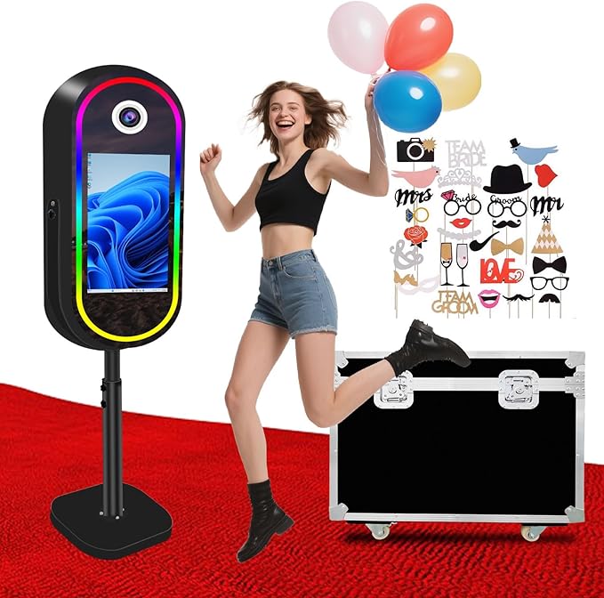 Oval Magic Mirror Photo Booth Machine with Flight Case, 21.5inch Touch Screen Built-in Mini PC for Wedding Parties (Black, Photo Booth)