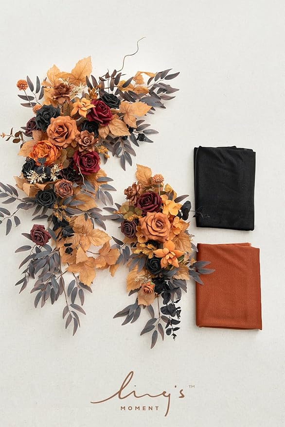 Ling's moment Black Orange Artificial Wedding Arch Flowers Kit Pack of 4, 2pcs Hanging Flower Arrangement 2pcs Chiffon Drapes Ceremony Reception Fake Rose Arbor Backdrop Floral Party Outdoor Decor