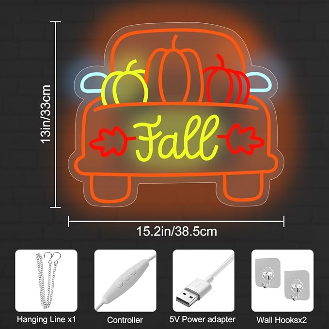 Thanksgiving Pumpkin Carriage Led Neon Sign, Fall Truck LED Light, Fall Thanksgiving Decor LED Neon Light Pumpkin Truck Neon Sign Autumn Home Farmhouse Decor,15.2"x13"