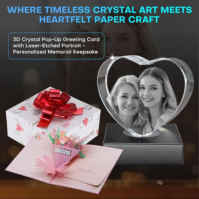 3D Crystal Photo,Valentine's Day Personalized Couple Gifts,for Women, Wife,Mom & Couples,Custom 3D Etched Photo Inside Heart Shape Sentimental Memorial Gift