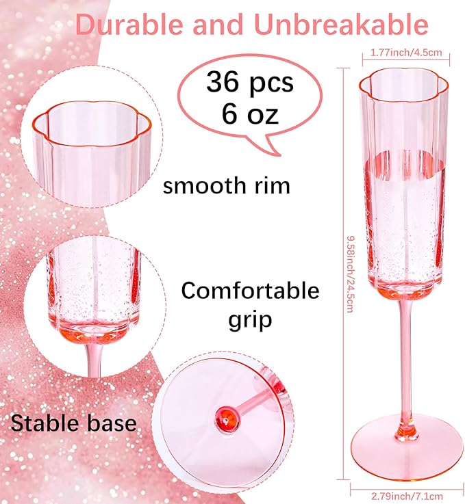 YOUBET 36 Pack Pink Champagne Flutes Plastic - 6 Oz Flower Wavy Champagne Plastic Glasses - Heavy Duty Vintage Disposable Flutes for Wedding Party Birthday Anniversary Valentines Day