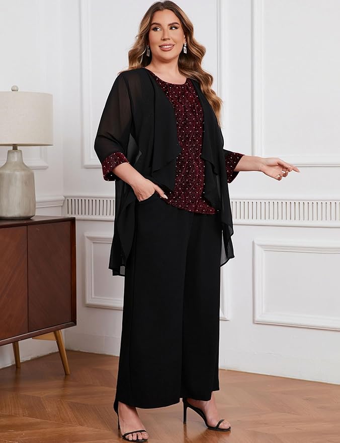 ZOMVA Plus Size 3 Piece Formal Pantsuit Sparkly Chiffon Jacket Set Dressy Outfit Mother of The Bride Groom Wedding Cocktail