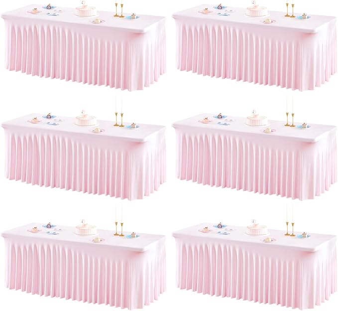 6 Packs Pink Table Clothes for 8 Foot Rectangle Tables, One-Piece Wrinkle Resistant Stretch Spandex Table Covers with Skirt for Event Banquet Wedding Birthday Party