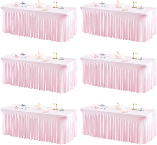 6 Packs Pink Table Clothes for 8 Foot Rectangle Tables, One-Piece Wrinkle Resistant Stretch Spandex Table Covers with Skirt for Event Banquet Wedding Birthday Party