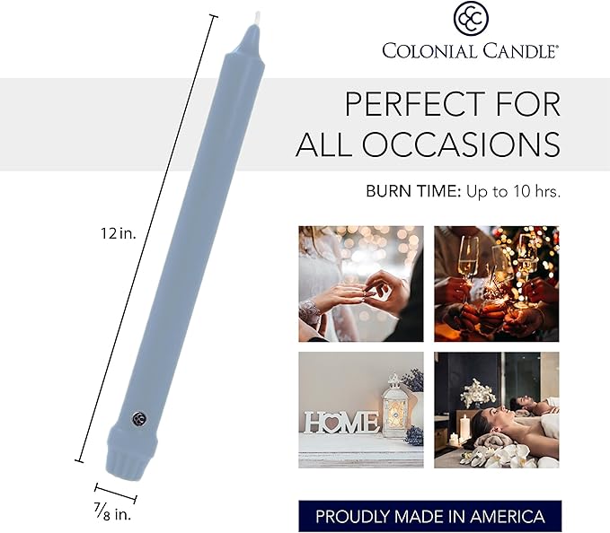 Colonial Candle Unscented Taper Candle, Classic Collection, Wedgewood, 12 in, Pack of 12 - Up to 10 Hours Burn
