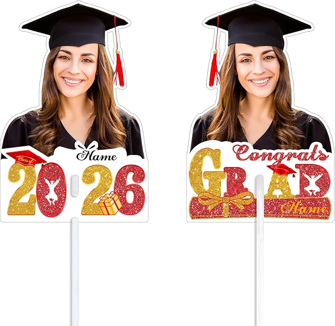 Personalized Graduation Face Fan 2026 Grade Custom Double Sided Face Cutout Fan with Handle Photo Booth Prop Party Supplies(B-Red and Gold,12pcs)