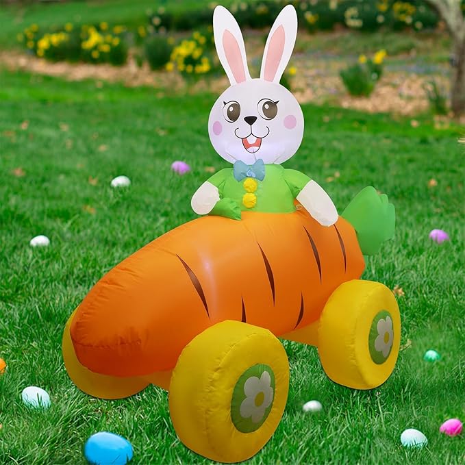 Juegoal Easter Bunny Radish Car Inflatables Yard Decorations, 5 x 4.5 FT Lighted Blow Cute Rabbit on Carrot Car with LED Lights, Indoor Outdoor Easter Holiday Party Decor, Light Up for Lawn Garden