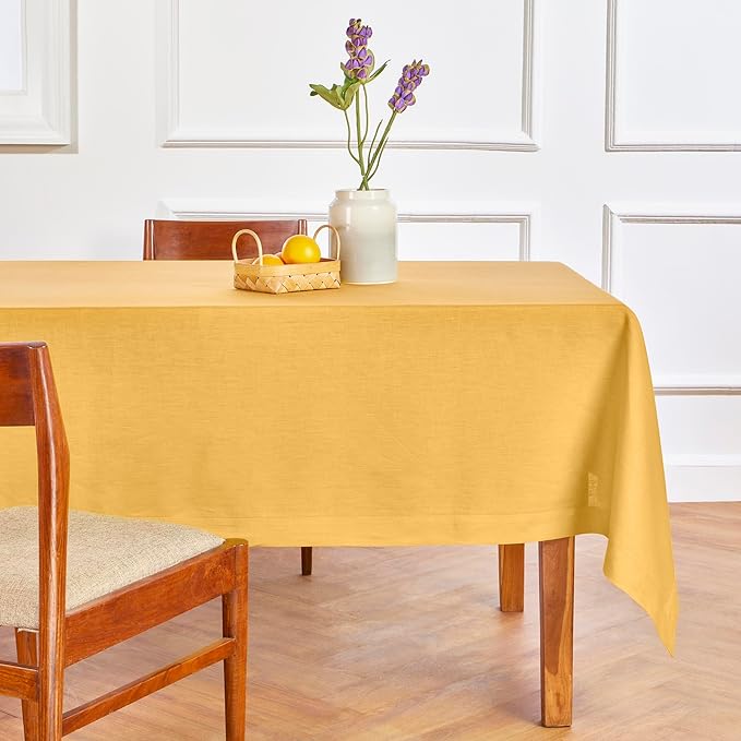 Solino Home Linen Tablecloth for Rectangle Tables 60 x 132 Inch - 100% Pure Linen Mustard Yellow Table Cloth - Fete, Machine Washable Cloth Tablecloth for Spring, Easter