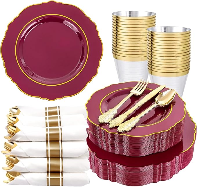 Liacere 175PCS Red Plastic Plates - Disposable Burgundy Red and Gold - 25guest Baroque Plastic Dinnerware include 50Plates, 25Pack Pre Rolled Napkins with Silverware 25Cups for Christmas