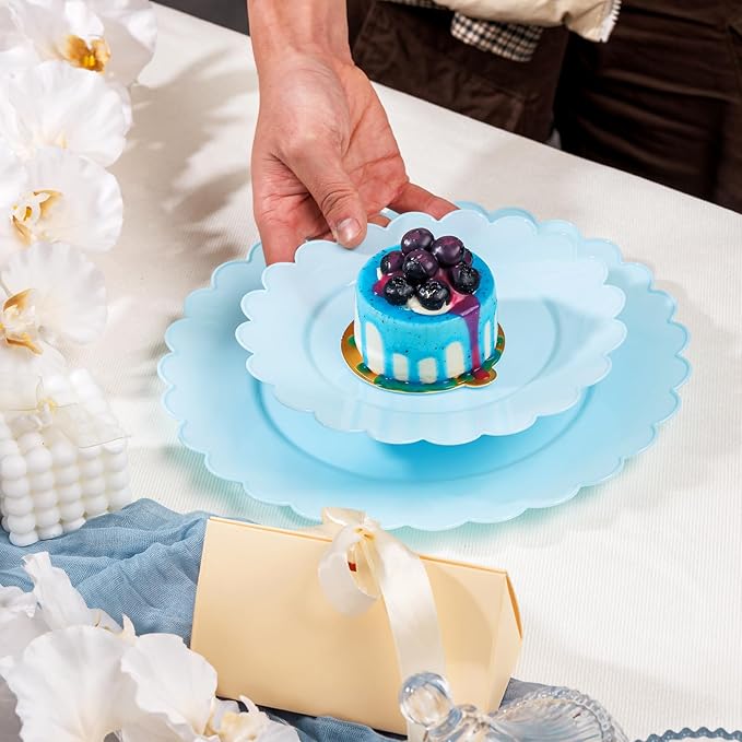 supernal 100pcs Blue Scalloped Plastic Plates-Blue Disposable Plates Heavy Duty-Disposable Plate Set for Party Wedding-Include 50 Plastic Dinner & Dessert Plate Perfect for 50 Guests