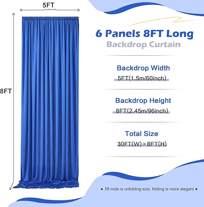 30ft×8ft Wrinkle Free Royal Blue Backdrop Curtain for Parties, 6 Panels 5×8ft Soft Silky Polyester Blue Photo Backdrop Drapes for Boss Baby Birthday Party Wedding Photography Background
