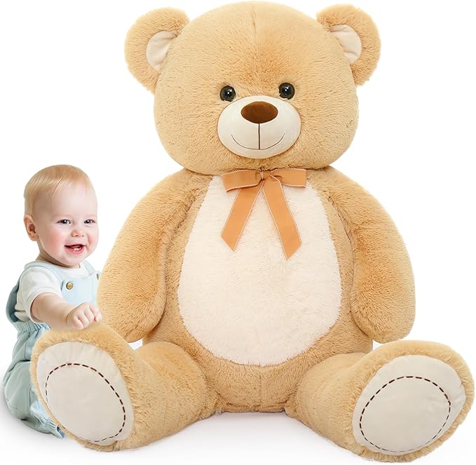 Tezituor 4.3 Feet Giant Teddy Bear, Large Stuffed Animals 52 inches with White Belly, Hug Big Plush Valentines Gift for Girlfriend Kids, Light Brown