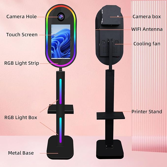 Vanya Oval Mirror Photo Booth15.6 Touch Screen Mirror Photo Booth Magic Mirror Photobooth Selfie for Party Events Wedding Rental (Black, Without Camera Printer)