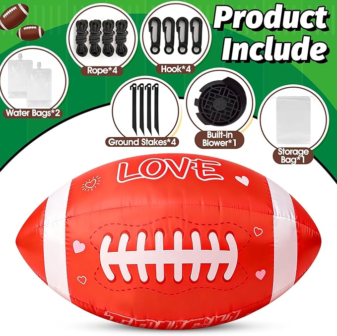 5FT Valentines Day Red Football Inflatable,Large Outdoor Blow Up Football Yard Decoration with Built-in LED Light for Football Lover Player Valentine Wedding House Living Room Garden Lawn Party Decor
