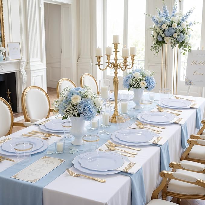 NOCCUR 175PCS Blue Plastic Plates with Gold Disposable Silverware - Include 50 Light Blue and Gold Plastic Plates,25 Knives,25 Forks,25 Spoons,25 Cups and 25 Napkins - Ideal for Shower/Spring Party