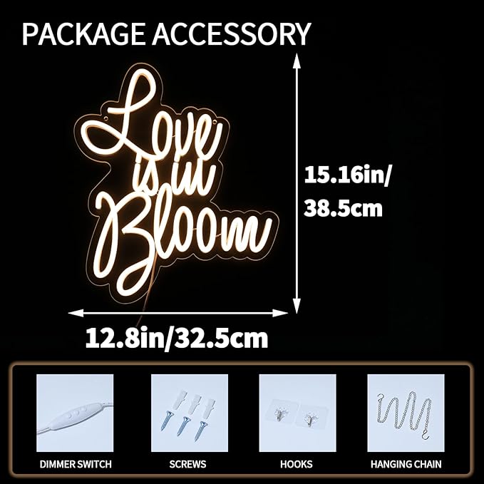 Love is in Bloom Neon Sign for Wall Decor Dimmable Led Lights Signs Letters Signs for Bridal Shower Warm White Neon Light Room Decor for Wedding Engagement Christmas Party Gift 12.8*15.16 in