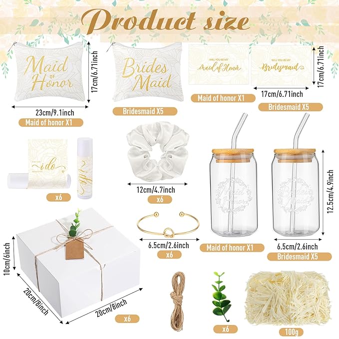 54 Pcs Bridesmaid Proposal Gifts, Maid of Honor Gift Include Wedding Gift Box Makeup Bag Invited Card Glass Cup Lip Balm Scrunchie Bracelet for Bridal Shower Bachelorette Party(White)