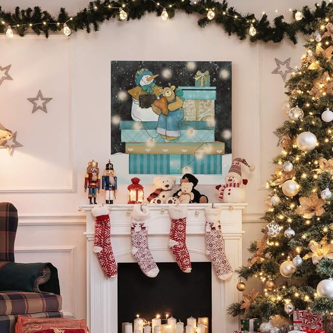 Renditions Gallery Snowman and Teddy Bear Wall (2) Art, Christmas & Winter Decor, Cute Pile of Presents, Premium Gallery Wrapped Canvas, Ready to Hang, 32 in H x 32 in W, Made in America