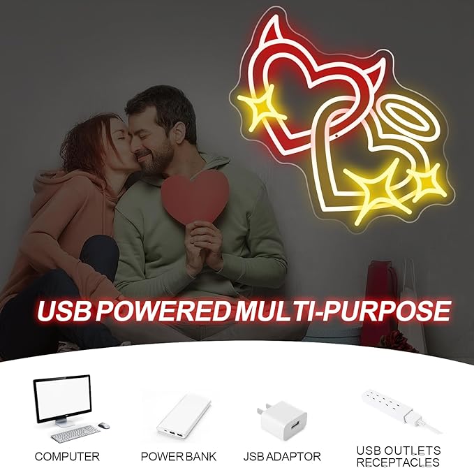 Angel and Devil Heart Neon Sign - 5-Level Dimmable USB Valentine's Day Decor & Heart Neon Signs, Ideal for Weddings, Parties, Shop Walls, Cute Bedroom Wall Art