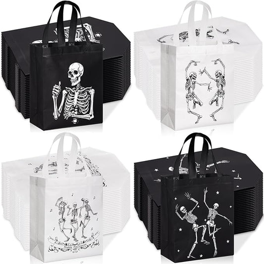 Wesnoy 48 Pcs Halloween Skeleton Gift Bags Party Favors Reusable Black White Non Woven Skull Goodie Candy Treat Tote Bags Bulk with Handles Hippie Dancing Skeleton for Birthday Party