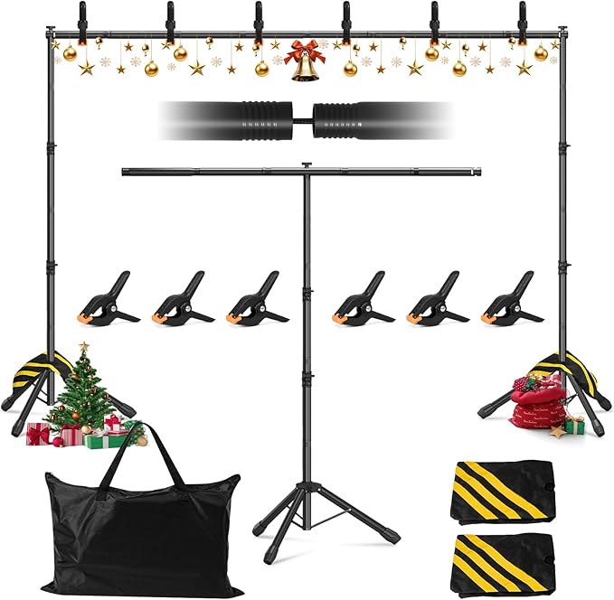 3-in-1 Backdrop Stand Kit 10x7.5 ft for Photography Studio, T-Shape Backdrop Stand for Wedding Parties, Background Stand for Photo Video Studio with Carring Bag, 6 Clamps, 2 Sandbags