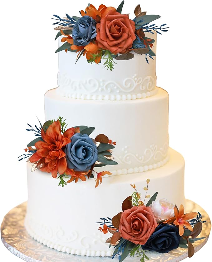 CherishedMoments 3Pcs Cake Topper Set, Wedding Artificial Flowers Decor Burnt Orange-Blue, Perfect for Wedding Ceremony, Anniversary, Parties & Photography