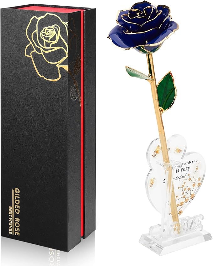 Gold Dipped Infinity Rose Last Forever Flower Decor, Birthday Gift for Women in Her Birthday Valentines Day Mothers Day, Resin Preserved Rose | Anniversary Present for Mom (Blue)