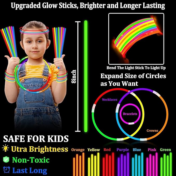 TURNMEON 960 Pack Ultra Bright Glow Sticks Bulk Party Pack Supplies Glow In The Dark Football Valentines Carnival Mardi Gras Day Party Favors Necklace Bracelet with Connector Light Up 14Hrs Long Last