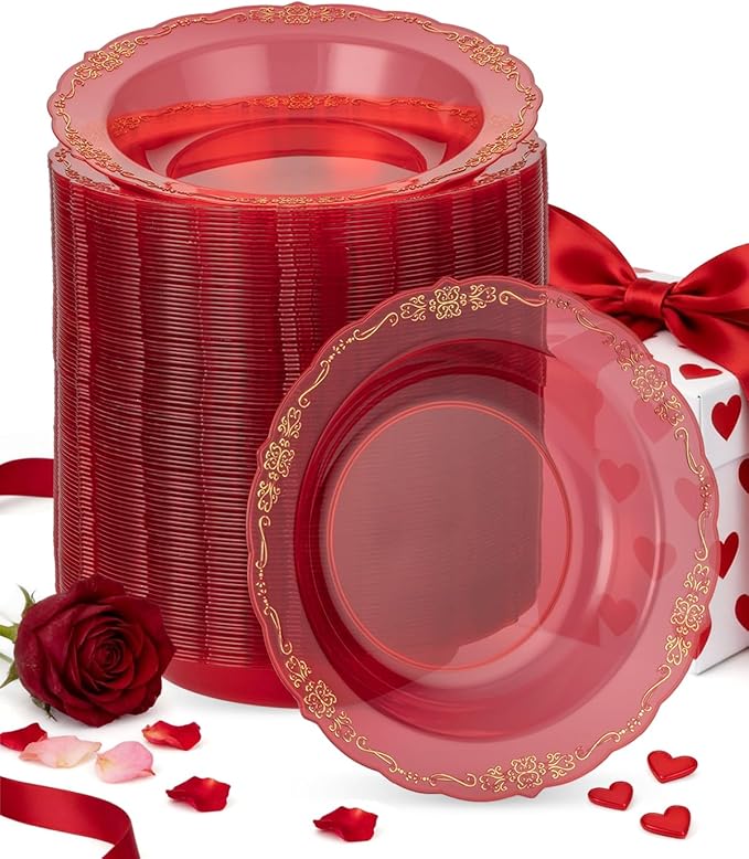 100 Pack Clear Red Plastic Bowls with Gold Rim, 12oz Plastic Salad Bowl, Disposable Bowls for Party, Dinners, Weddings, Christmas, Thanksgiving, Valentine's Day