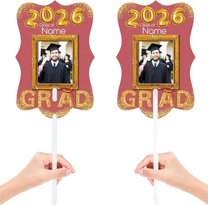 Personalized Graduation Double Sided Face Fan Class of 2026 Customized Graduation Head Face Cutout with Handle Fun Photo Prop Supplies(A-Rose Gold Pink,12pcs)
