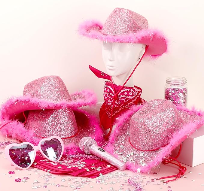 Coume 12 Pcs Sparkly Adults Cowboy Hat and Bandanas Women Men Western Glitter Cowgirl Party Hats with Adjustable Drawstring
