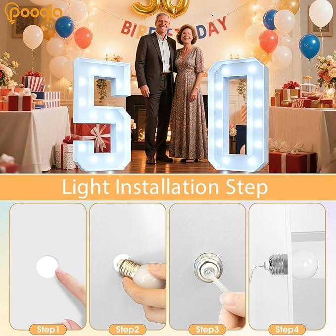 Pooqla 4 FT Light Up Marquee Numbers, Giant Mosaic Light Up Numbers Cool White and Warm White LED, Large Lighted Marquee Numbers for Balloons 10th 20th 50th Birthday Party Decoration, LED Number 0
