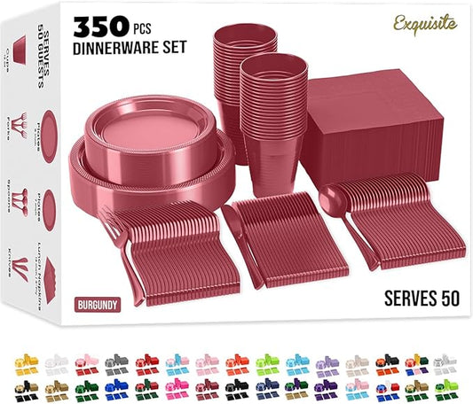350 Pcs Burgundy Plastic Plates For Party, Burgundy Disposable Plates Set, 50 Of Each 9" Dinner Plate Set, 7" Dessert Plate, Cups, Napkins & Cutlery Plastic Dinnerware Exquisite