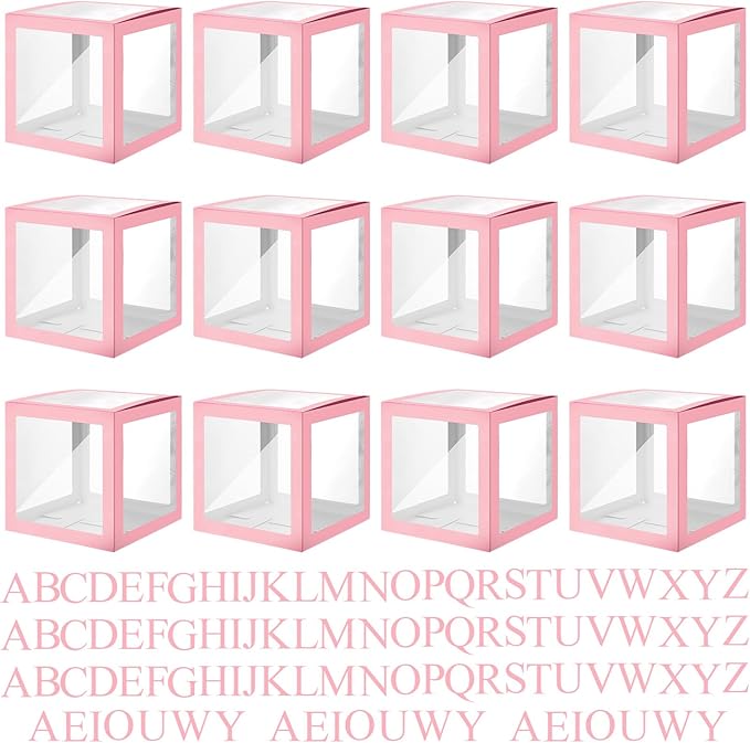 Thyle 12 Pcs Transparent Balloon Boxes Clear Balloon Boxes with 99 Letters for Baby Shower Gender Reveal Grad Birthday Party Bridal Wedding Anniversary Backdrop Decoration (Pink)