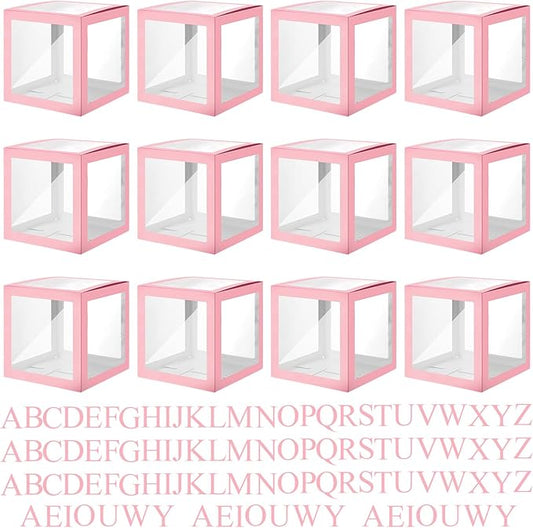 Thyle 12 Pcs Transparent Balloon Boxes Clear Balloon Boxes with 99 Letters for Baby Shower Gender Reveal Grad Birthday Party Bridal Wedding Anniversary Backdrop Decoration (Pink)