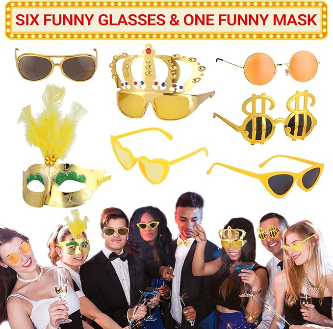 Bulk Gold Party Photo Booth Props Set for Adult, Funny Golden Photo Booth Glasses Hats Wig Props, Fun Party Pack Photo Booth Props Kit for New Year Party, Graduation, Birthday, Wedding, Bachelorette