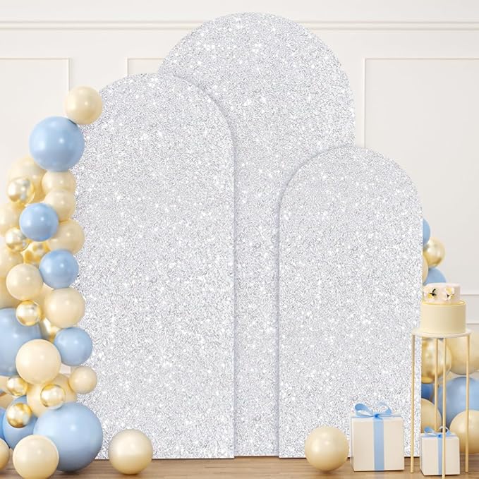 FUHSY Silver Arch Cover Set of 3 Sequin Fabric Backdrop 6ft 5ft 4ft Wedding Backdrop Cover for Arch Stand Chiara Arch Covers Spandex Fitted Arch Frame Cover for Party Birthday Anniversary Decor