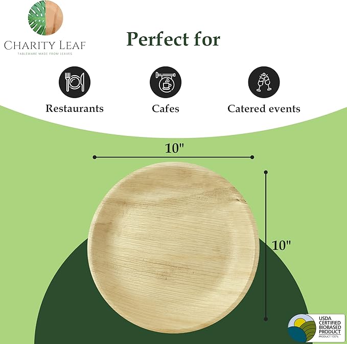 Charity Leaf Disposable Palm Leaf 10" Round Plates (50 pieces) Bamboo Like Serving Platters, Disposable Boards, Eco-Friendly Dinnerware For Weddings, Catering, Events