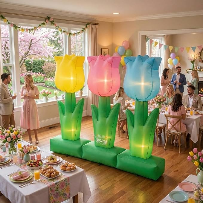 VIHOSE 6 ft Spring Inflatable Flower Decoration LED Blow up Yard Decor Large Inflatable Tulip Flower Outdoor Decoration for Spring Holiday Outside Lawn Party Supplies