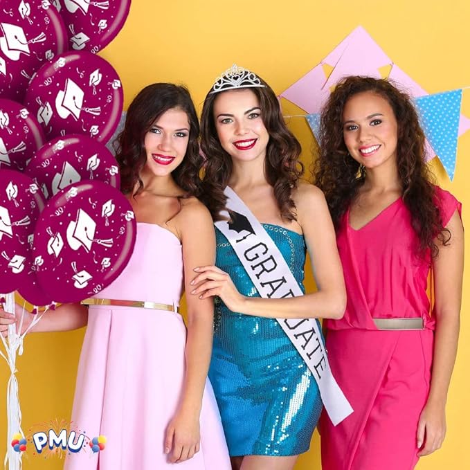 PMU 100 Pcs Burgundy Graduation Balloons Class of 2025 with All-Over Print White Grad Caps-Confetti and Streamers | Graduation Party Supplies | Congratulations Grad Latex Balloons Latex