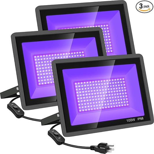 3 Pack 100W LED Black Lights, Blacklight Flood Light with Plug and Switch, 120V IP66 Waterproof Blacklight for Halloween Party, Glow in The Dark, Stage Light, Body Paint, Neon Glow