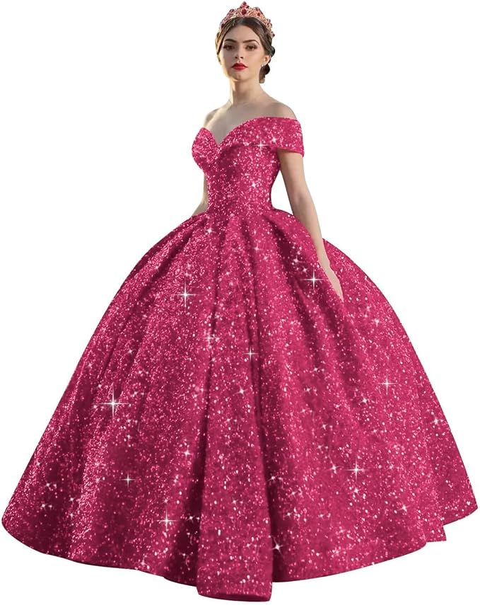 Quinceanera Dress Long Ball Gown Sparkly Sequin Off Shoulder V Neck Prom Dresses