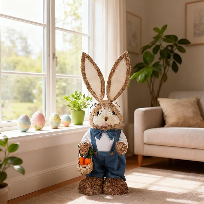 Juegoal Easter Straw Bunny Decorations, 32"(2.6FT) Extra Large Standing Mr. Bunny Figurine, Handmade Easter Rabbit Statues, Cute Photo Props Gifts for Office Kitchen Farmhouse Spring Home