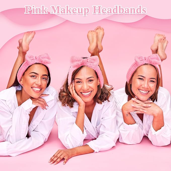 50 Pcs Pink Spa Headband Bulk Spa Sleepover Party Supplies for Washing Face with Removable Bow Makeup Elastic Bowknot Headbands for Women Gifts Soft Skincare Microfiber Hairbands(Pink Style)