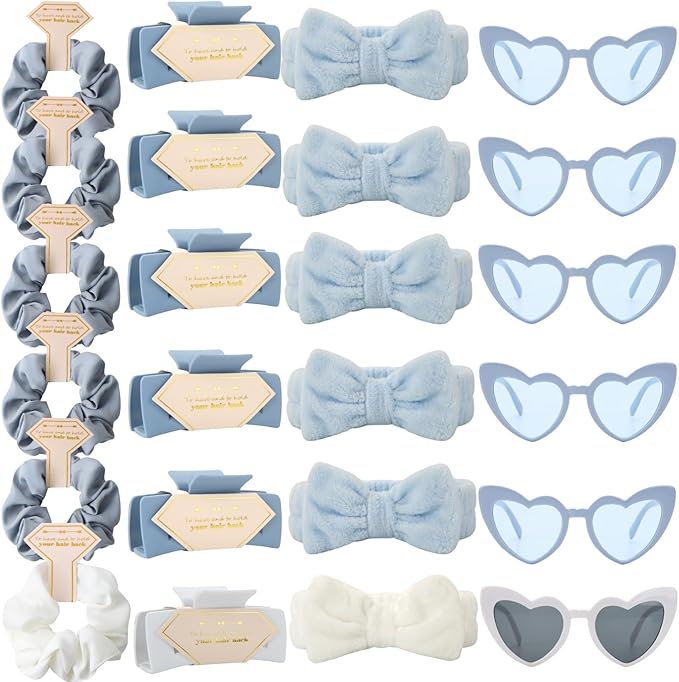 Bridesmaid Scrunchies Proposal Gifts square 4.1inch Bachelorette Hair Claws Clips women heart sunglasses headband gift for Wedding Party Favors (24 White&Dusty Blue)