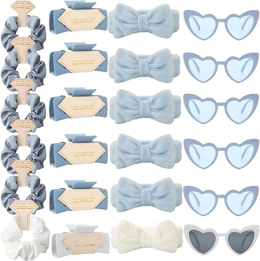 Bridesmaid Scrunchies Proposal Gifts square 4.1inch Bachelorette Hair Claws Clips women heart sunglasses headband gift for Wedding Party Favors (24 White&Dusty Blue)