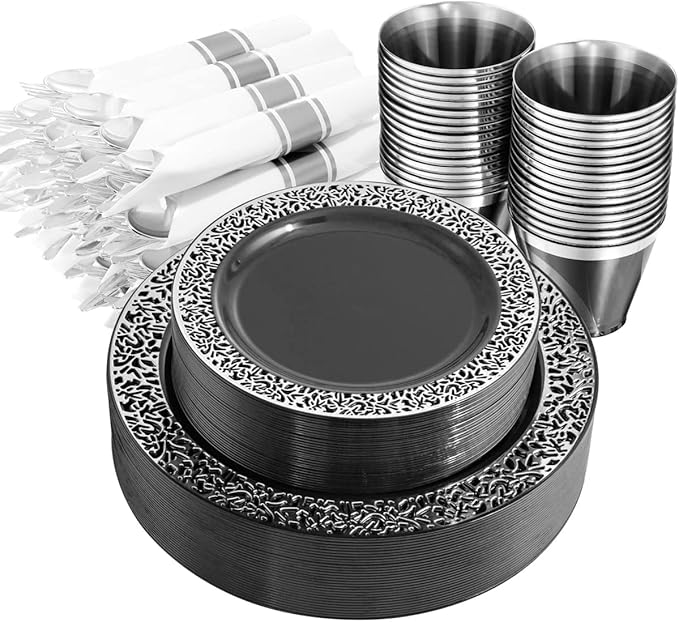 NOCCUR 210PCS Black and Silver Dinnerware Set for 30 Guests - Black Plastic Plates with Silver Rim Include 30 Dinner / 30 Dessert Plates, 30 Prewrapped Silverware, 30 Cups Ideal for Party/New Year