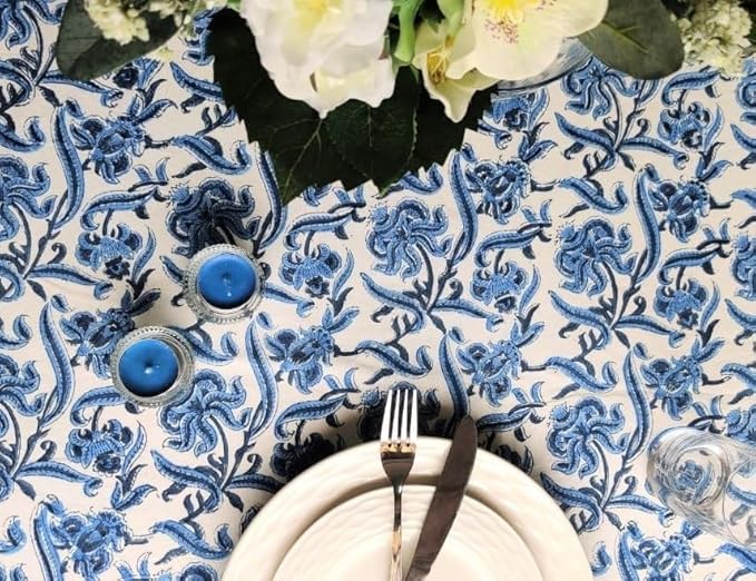ATOSII Midnight Bloom 100% Cotton Spring Summer Tablecloth, Hand Block Print Rectangle Table Cover for Kitchen Dining Linen I Parties, Outdoors, Wedding, Easter I 72 X 120 Inches I 10 Seater