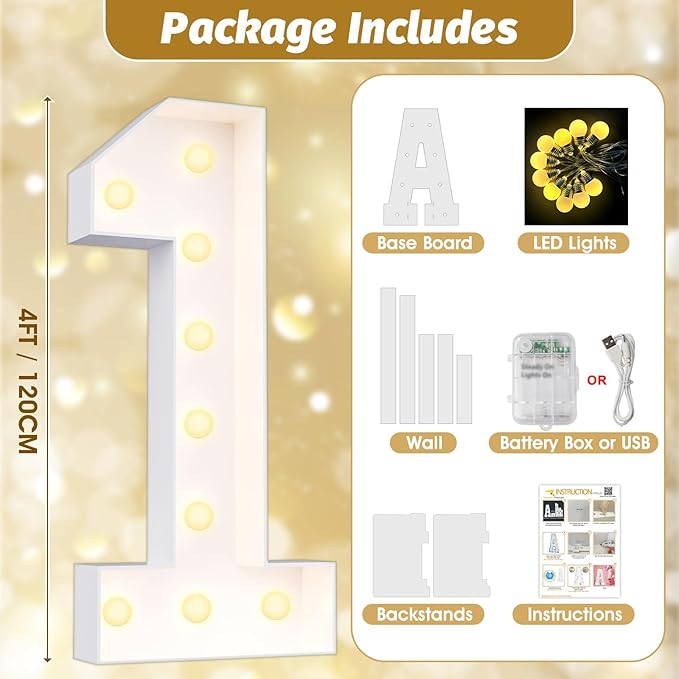 Ledido 4FT Marquee Light Up Numbers 3, Easy to Assemble Marquee Numbers 4 Feet Tall for Indoor & Outdoor Events, Large Lighted Number for Birthday Graduation Baby Shower Anniversary Party Decorations